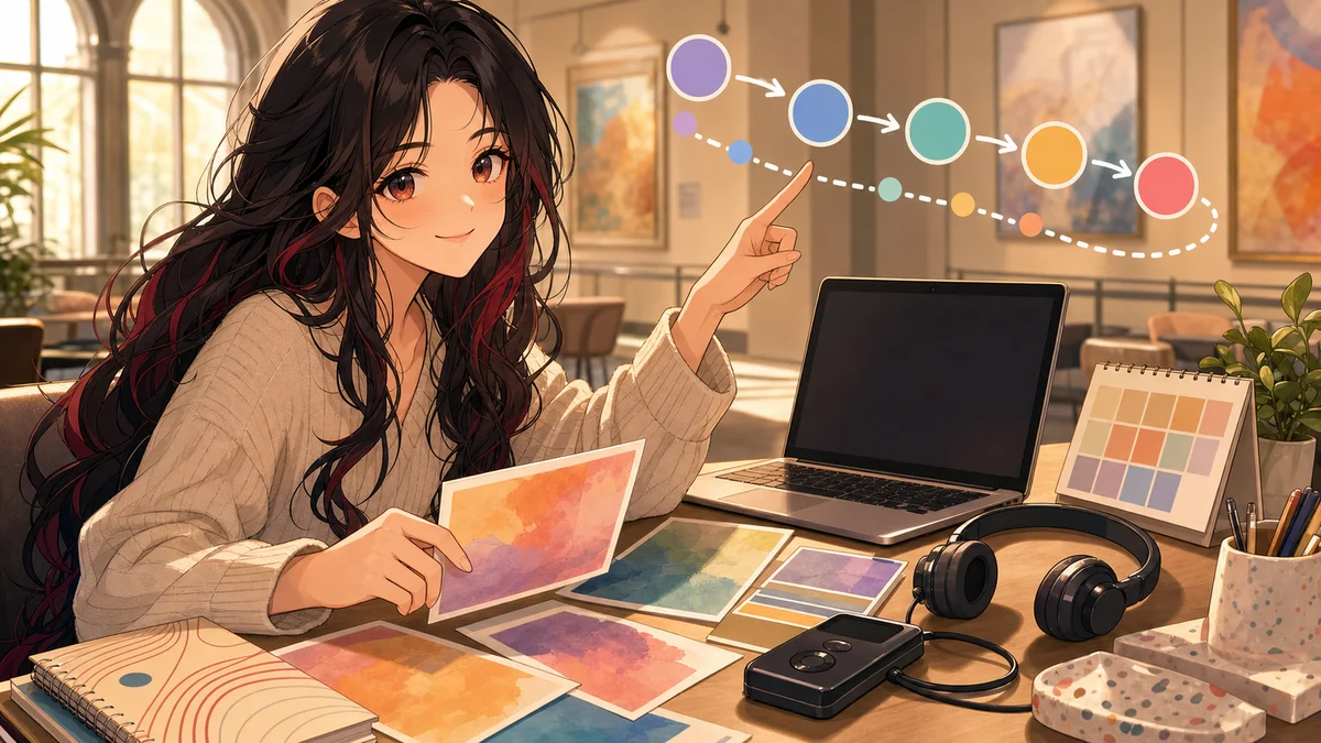 ノートと音声ガイド端末とカレンダーを置いた机で次の公式リンクを確認する女性キャラクター