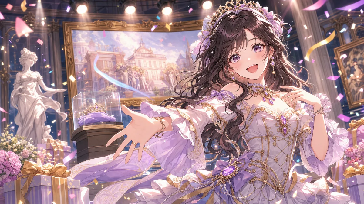 美術館風の明るいステージで新衣装を披露するオリジナル女性キャラクター
