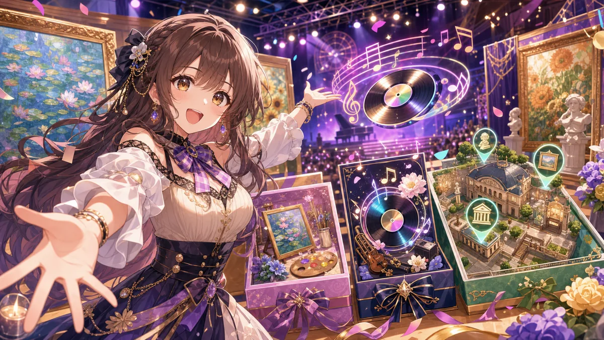 名画の色彩とゲーム風の展示室を背景に発表を喜ぶオリジナル女性キャラクター