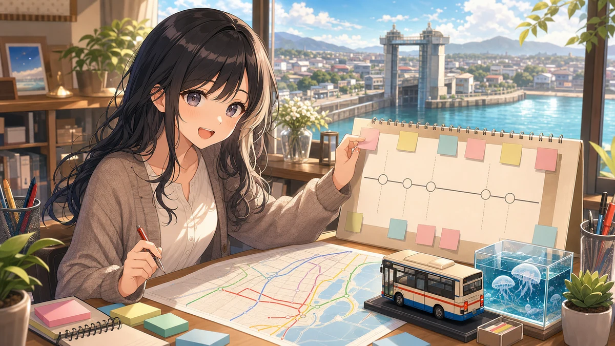 編集デスクで港町のルート図と配信タイムラインを整理する黒髪の女性キャラクター