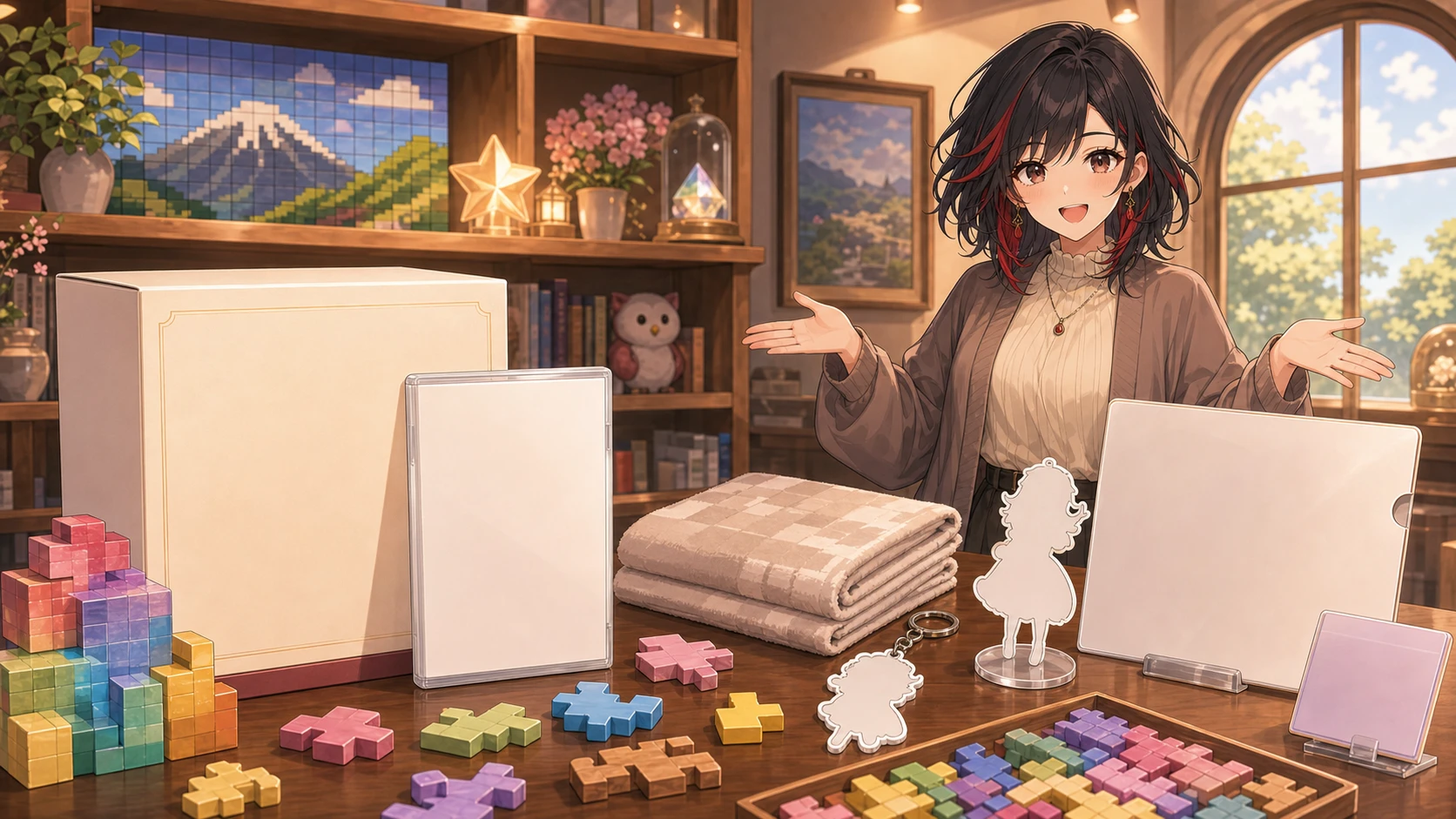 ゲームソフトとグッズを丁寧に並べて確認するイメージ