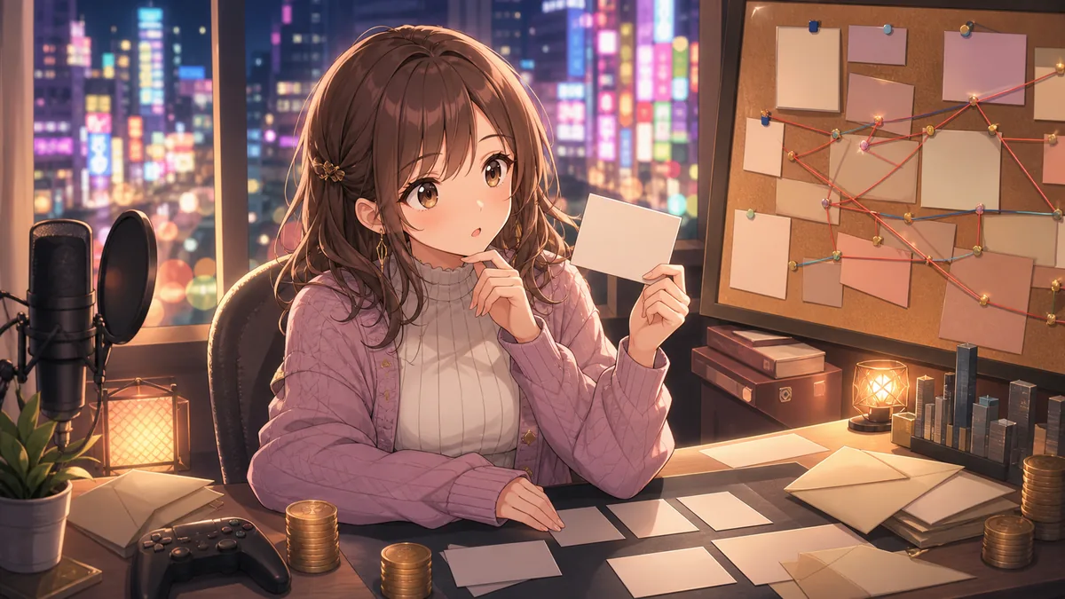 秋山駿編の導入を配信机で整理するオリジナル女性キャラクターのイメージ