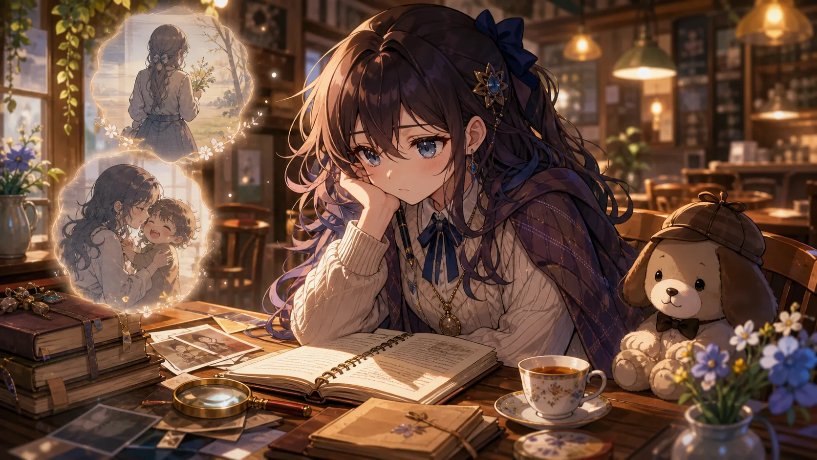 古い事件メモと喫茶店のテーブルを前に考え込むオリジナルキャラクターのイメージ