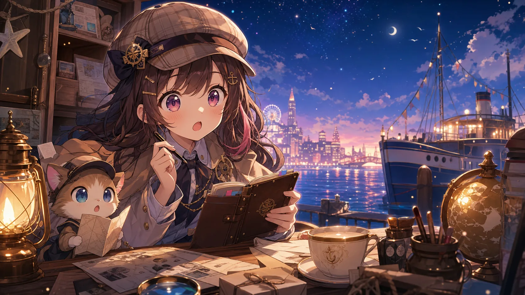 夜の港と小さな事件メモを前に次の章を見つめるオリジナルキャラクターのイメージ