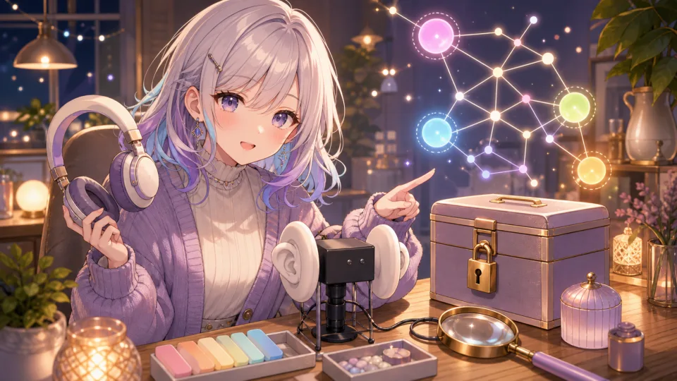 ヘッドホンと耳型マイクの横で鍵付きの箱と光る導線図を確認する女性キャラクターのイメージ