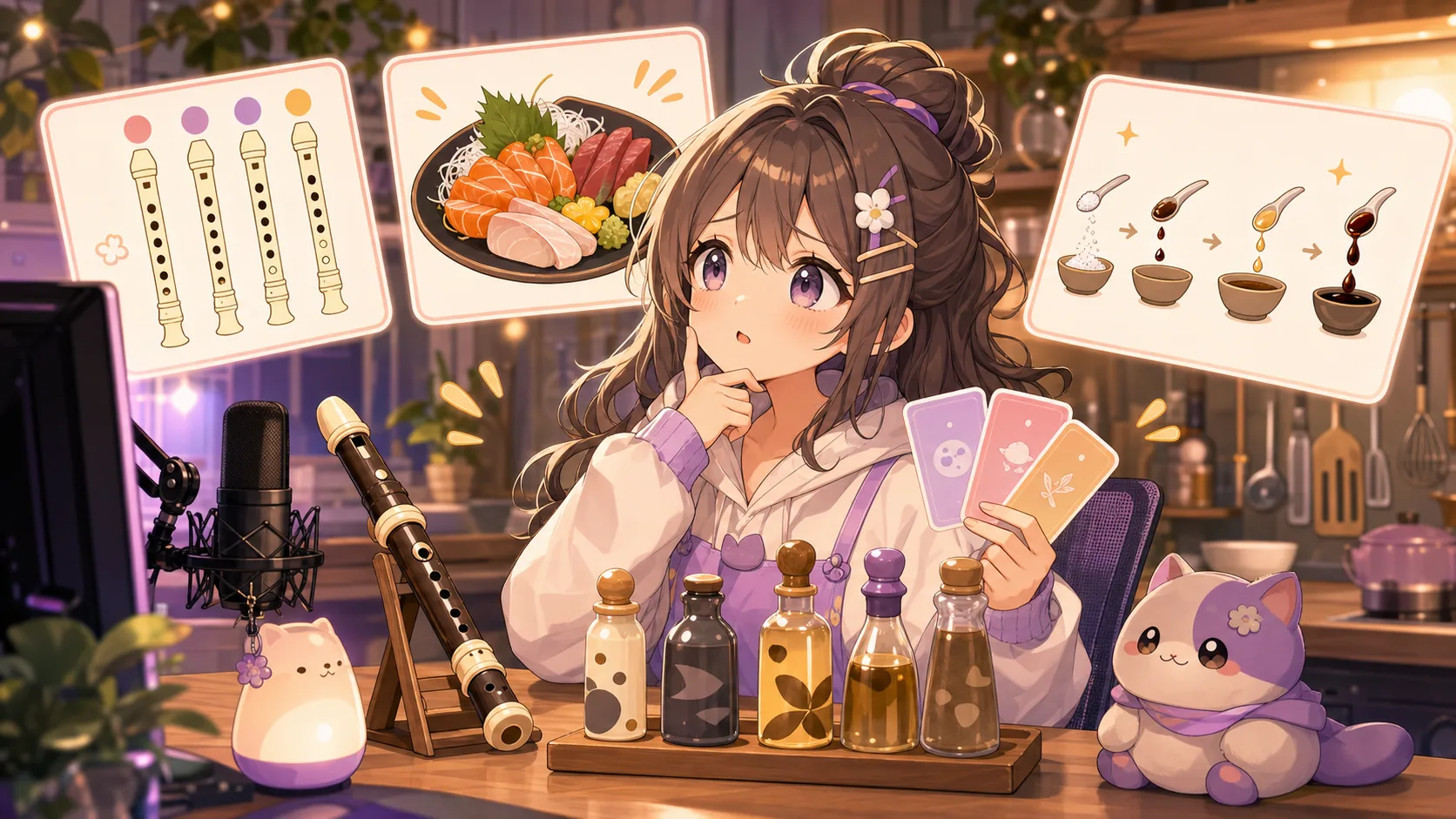 キッチン風の明るい机にリコーダー、小皿、調味料メモを並べて悩むオリジナルキャラクターのイメージ