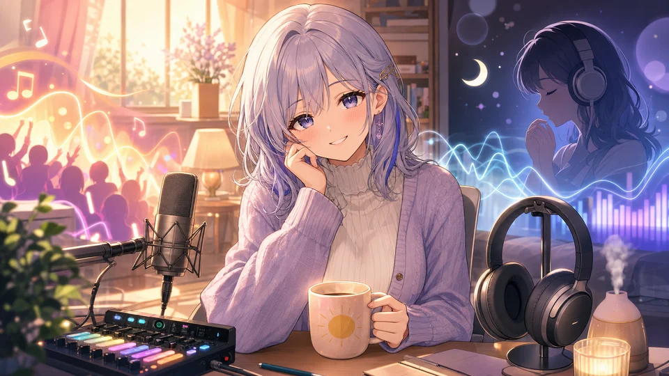 マイクとヘッドホンのある配信部屋で公開配信と限定音声の違いを示すオリジナル女性キャラクター
