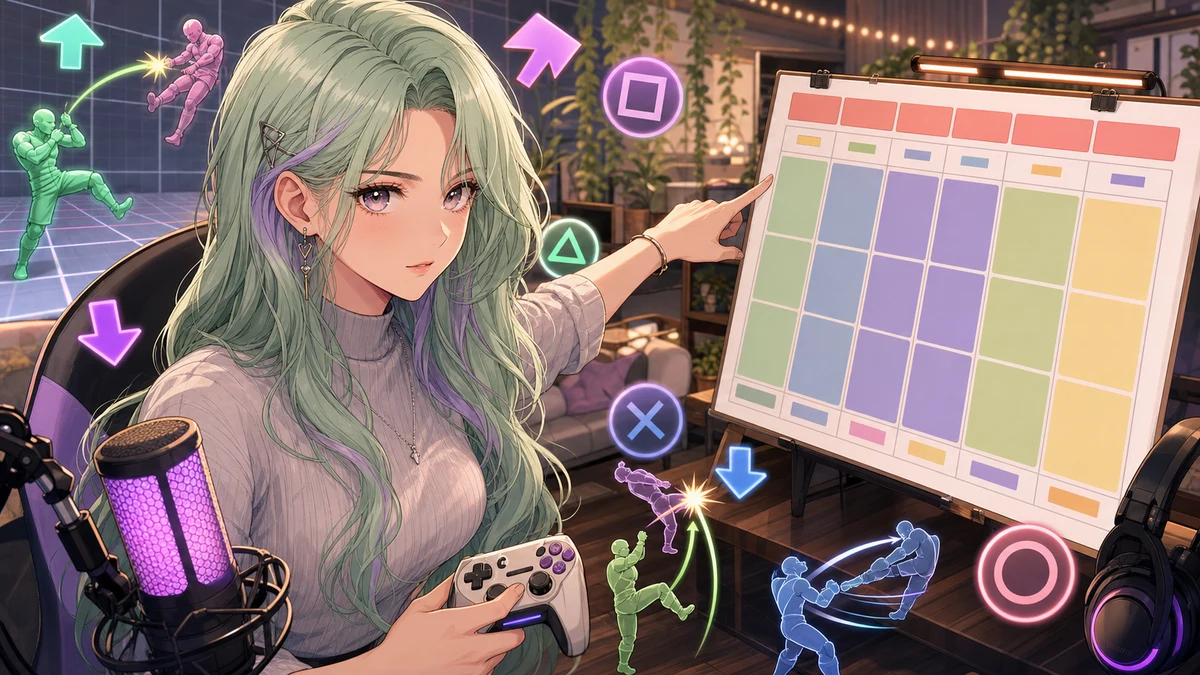 明るい配信部屋で女性キャラクターが大会予定表と対戦ゲーム用コントローラーを見比べるイメージ