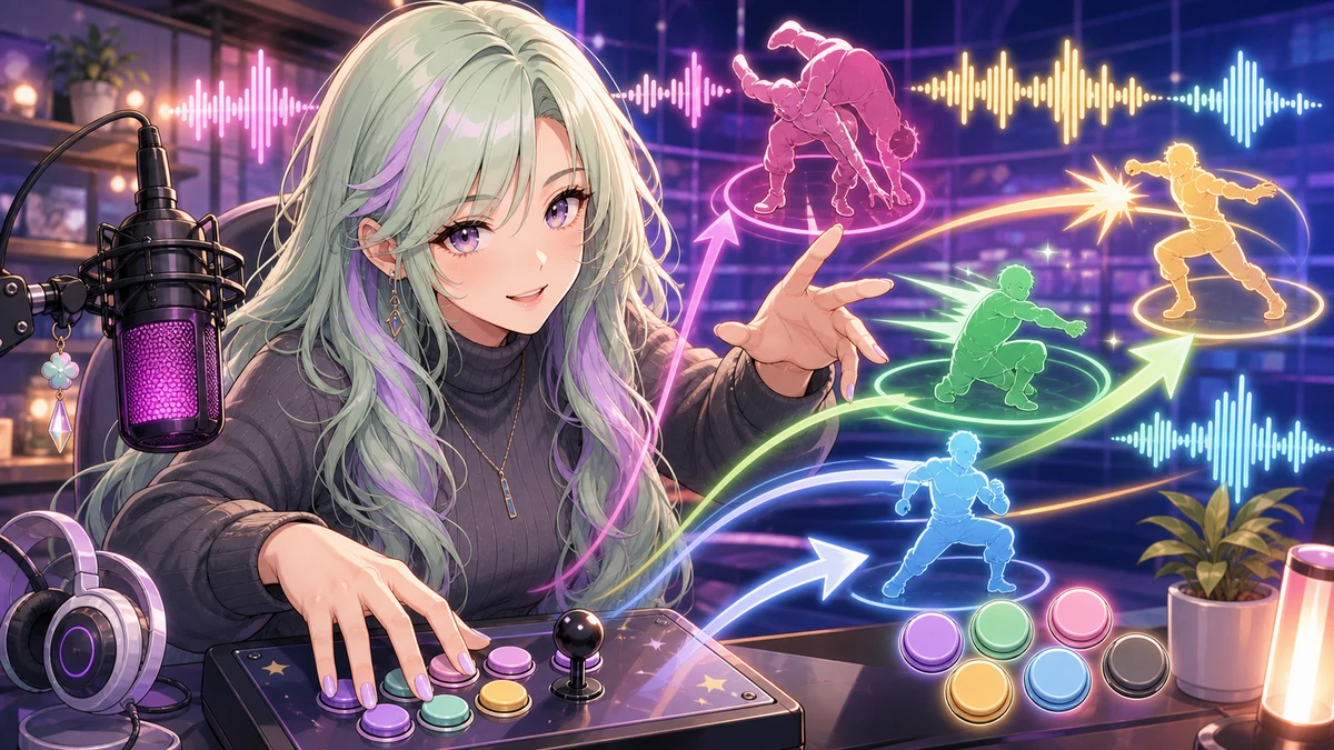 パステル色の抽象ステージ前で女性キャラクターが仲間の声を聞きながら投げと攻めのメモを確認するイメージ