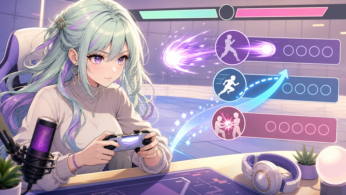 明るいトレーニングモード風の部屋で女性キャラクターが波動拳対策の矢印メモとコントローラーを確認するイメージ