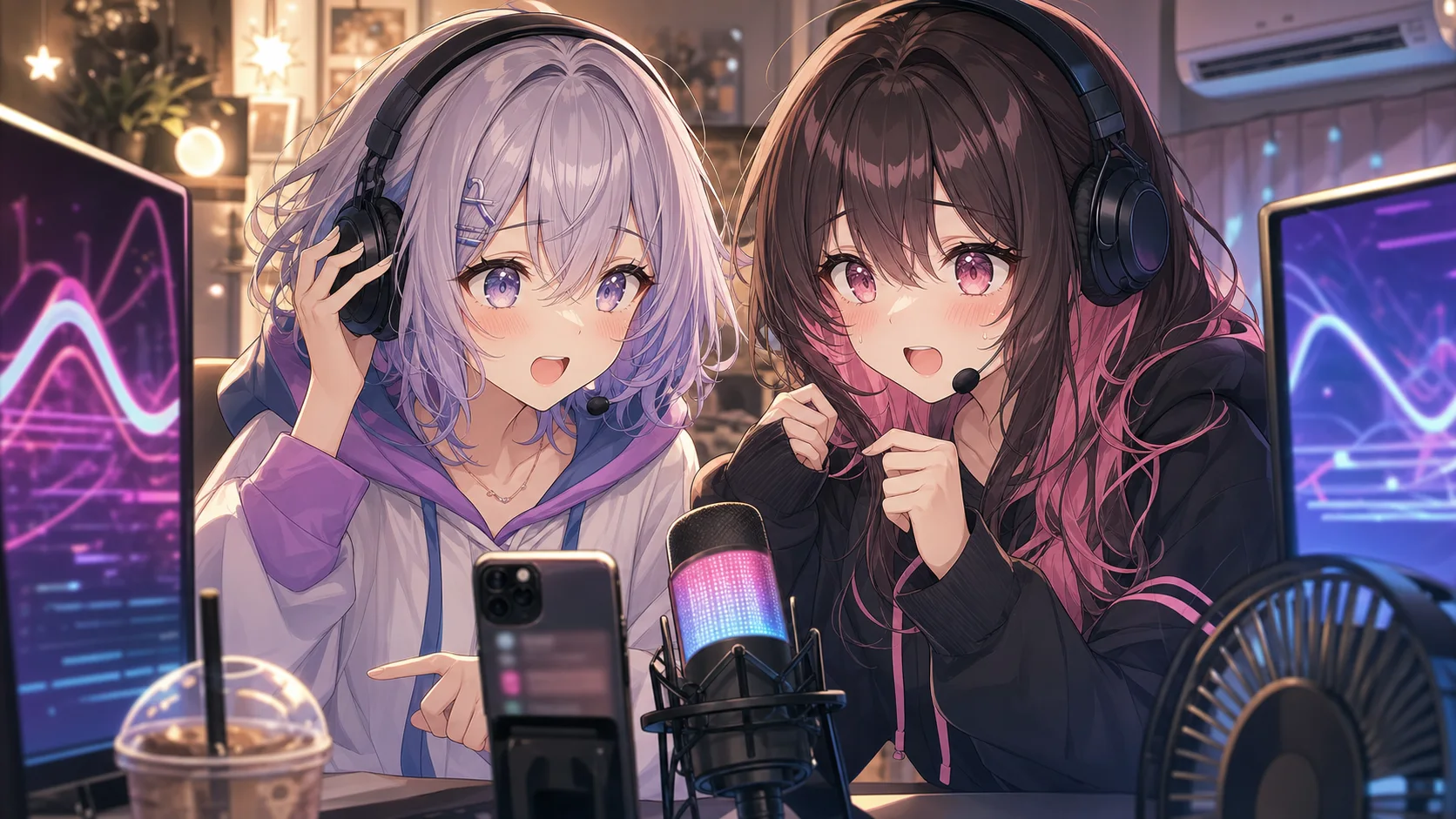 2人の女性キャラクターが配信机でヘッドセットとマイクを確認するイメージ