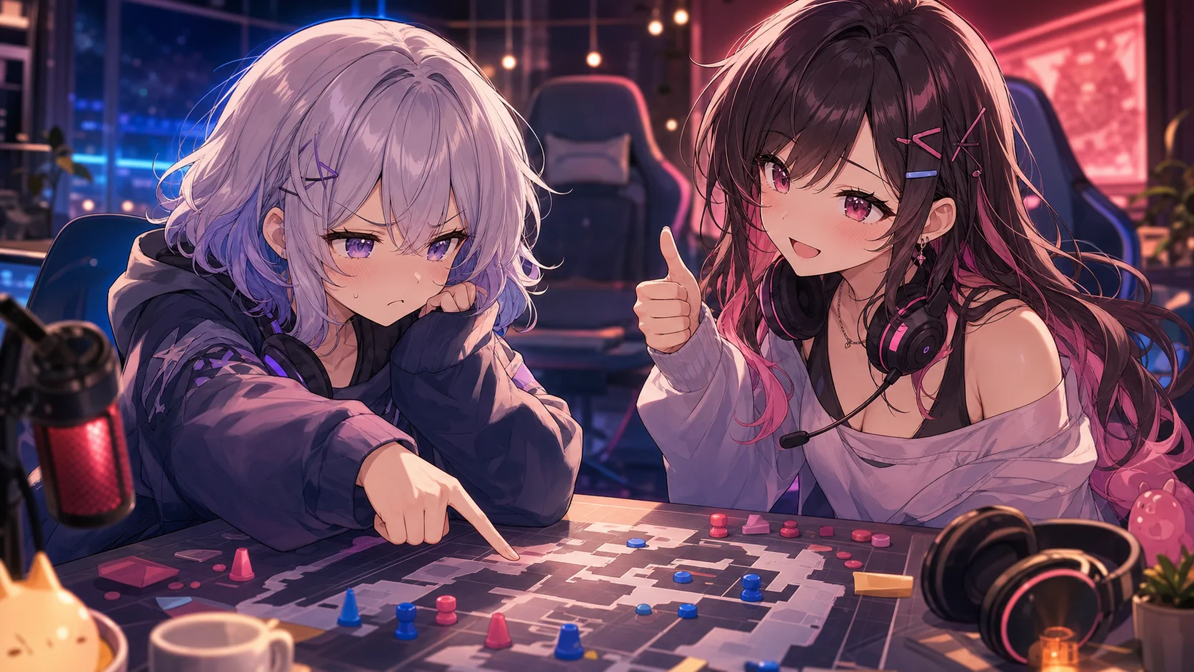 2人の女性キャラクターが抽象戦術ボードを見ながら悔しさと励ましを分け合うイメージ