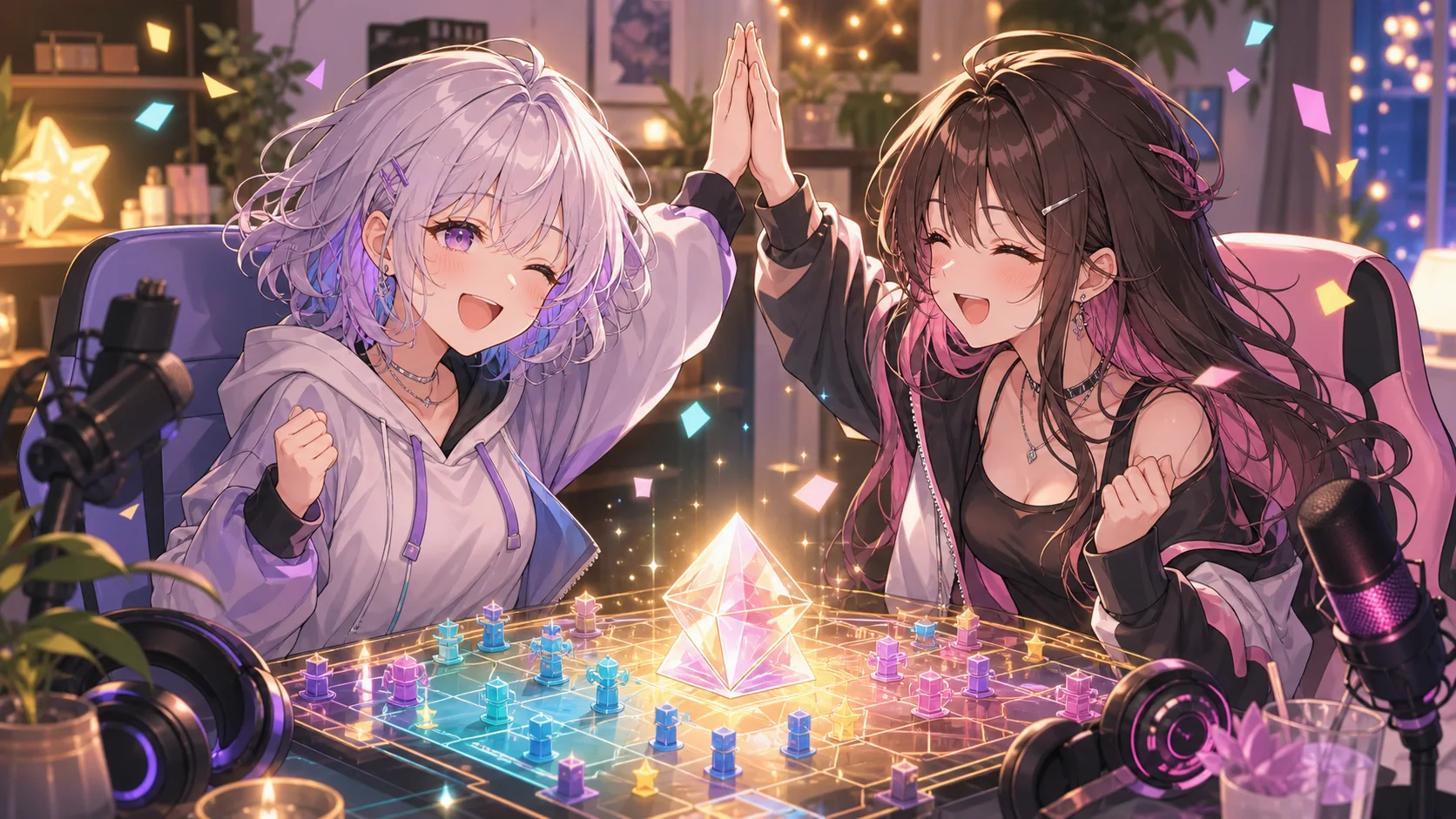 2人の女性キャラクターが光る戦術ボード越しにハイタッチするイメージ