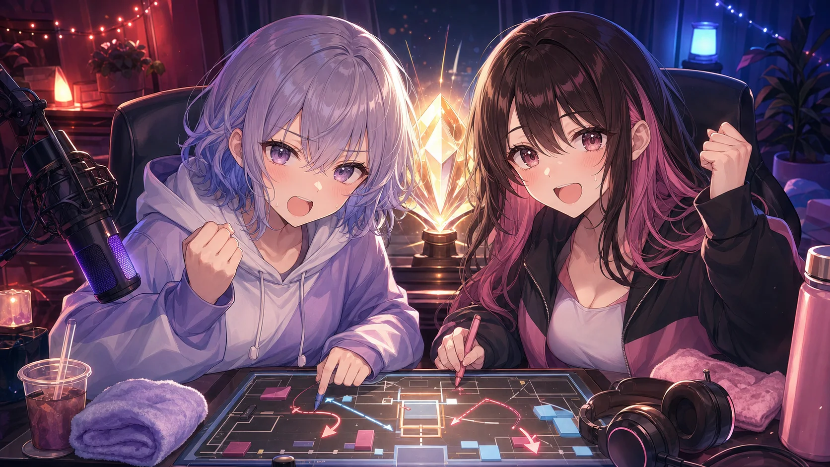 2人の女性キャラクターが抽象戦術ボードと光る結晶を前に集中して作戦を確認するイメージ