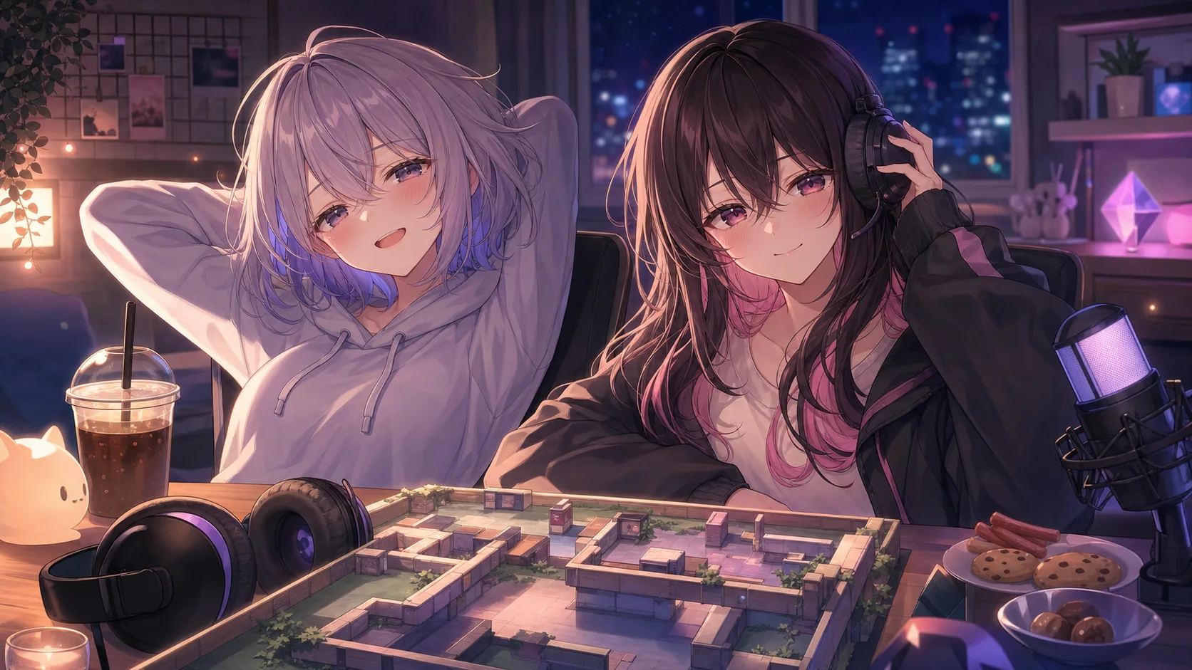 夜の配信机で2人の女性キャラクターがヘッドセットと立体マップを前に一息つくイメージ