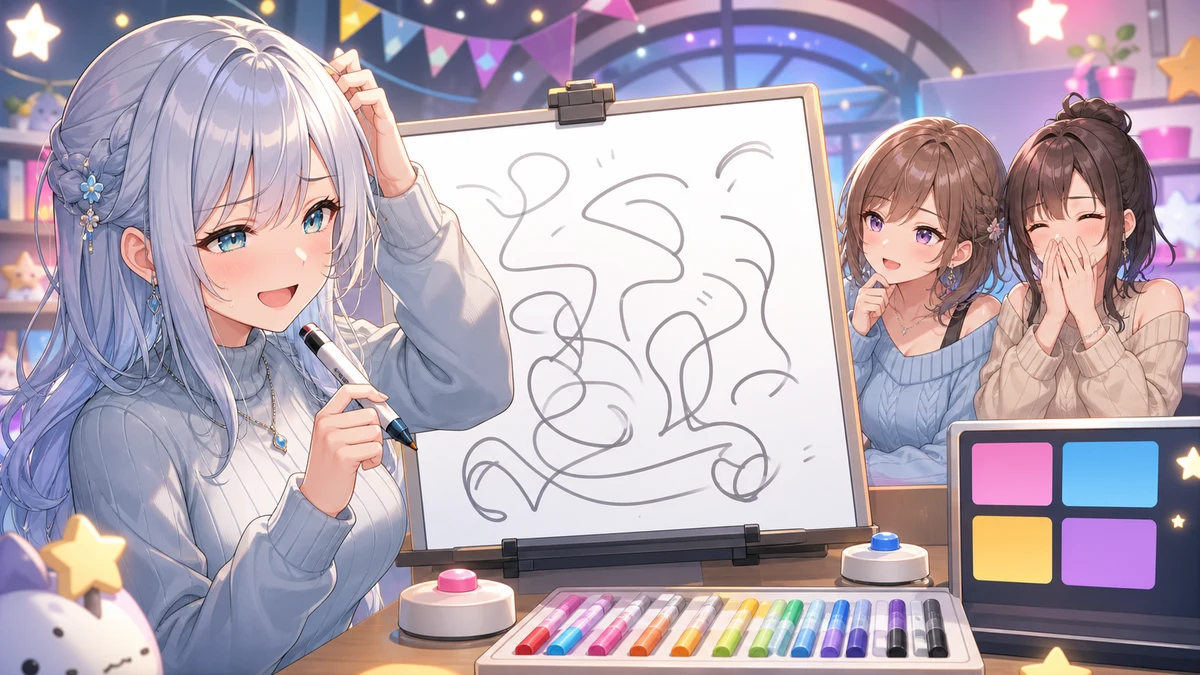 ぐにゃっとしたイラストを前に、逆上がりか懸垂かを相談するクイズ番組風のオリジナルイラスト