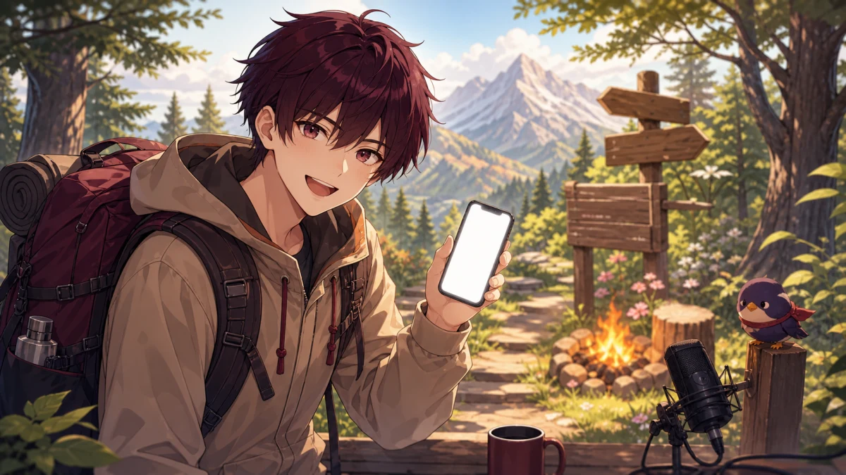 山道の案内板と携帯電話を手にした登山配信のイメージ