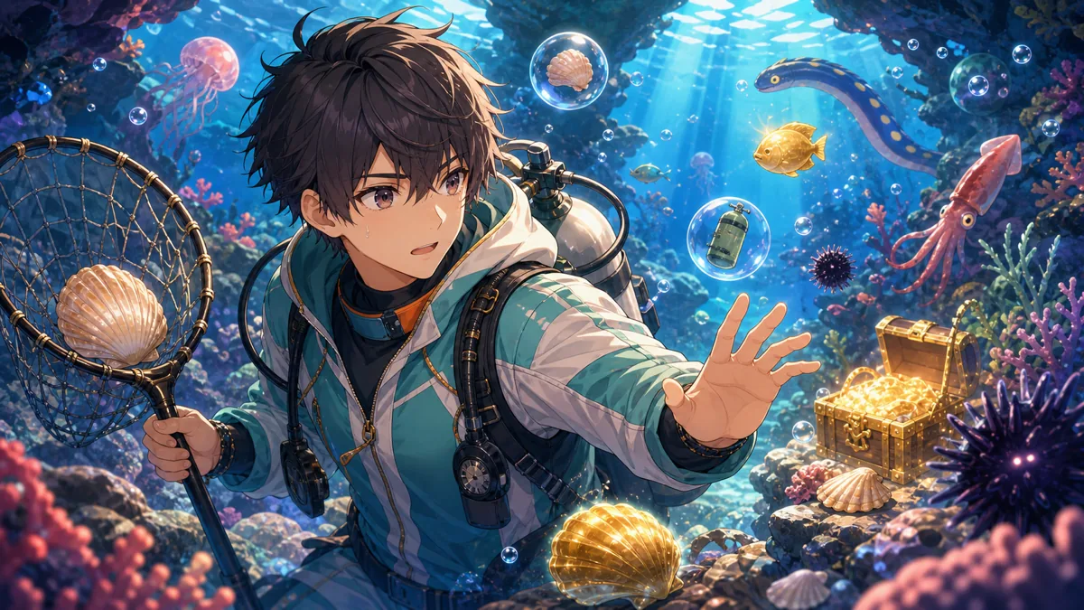 敵処理と宝箱判断をイメージした明るい海中のオリジナルイラスト