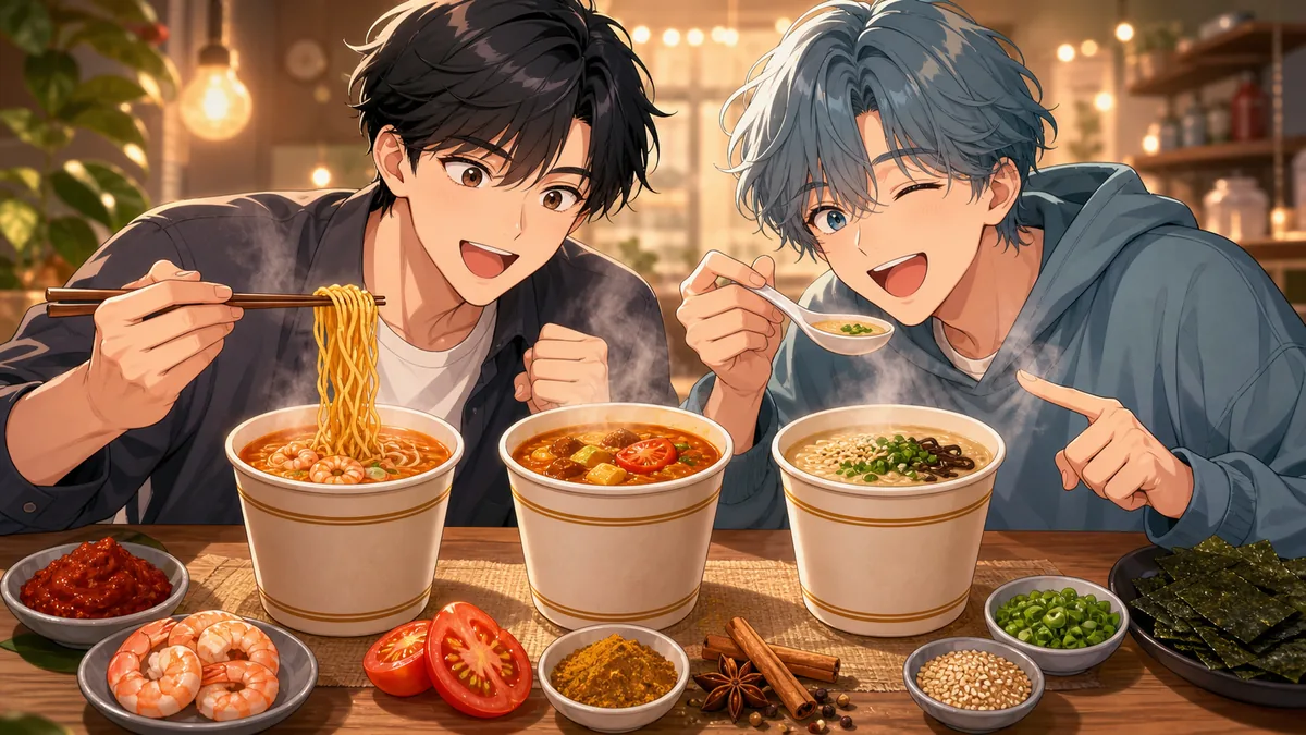海老味噌、トマトカレー、豚骨の小物を前に味を選ぶオリジナル男性キャラクターたちのイメージ