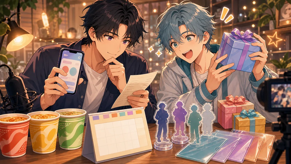 レシート、スマートフォン、プレゼント箱を前に応募手順を確認するオリジナル男性キャラクターたちのイメージ