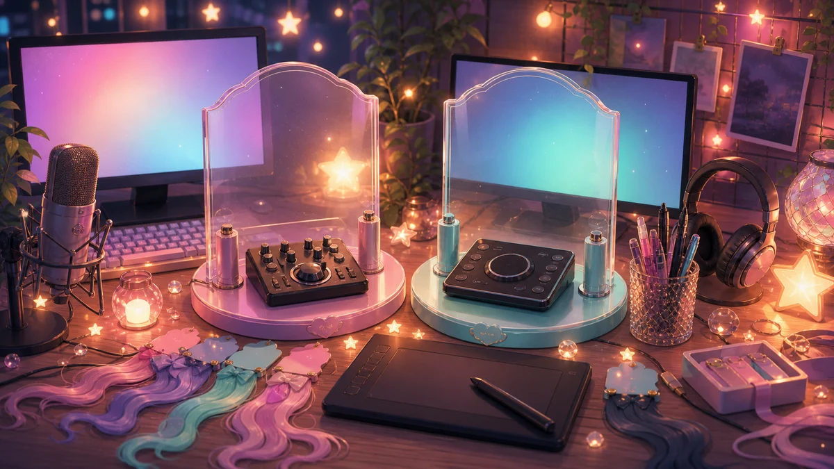 古い配信機材と新しい制作機材を並べた机のイメージ