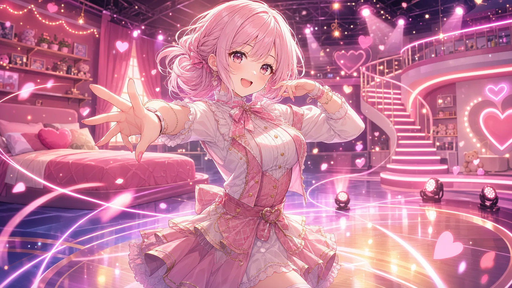 ベッドルーム風の明るい3Dライブステージで踊るオリジナル女性キャラクターのイメージ