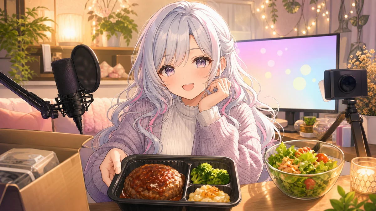 明るい配信部屋で食卓と宅配弁当を前に話すオリジナル女性キャラクターのイメージ