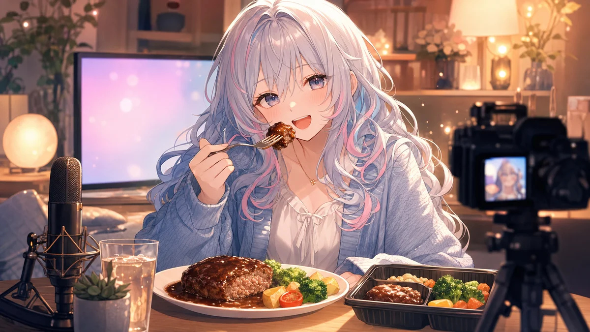 ワインソース風のハンバーグ弁当を食卓で楽しむオリジナル女性キャラクターのイメージ