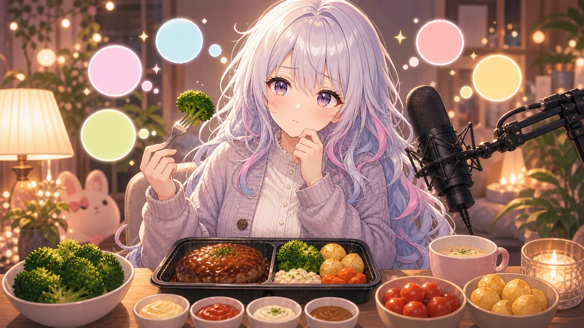 小さな野菜皿と冷凍弁当を囲みコメント欄を見ながら考えるオリジナル女性キャラクターのイメージ