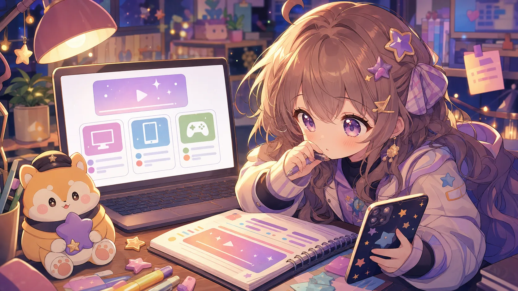 明るい配信机でゲーム公式リンクとPRメモを確認するオリジナルキャラクターのイメージ