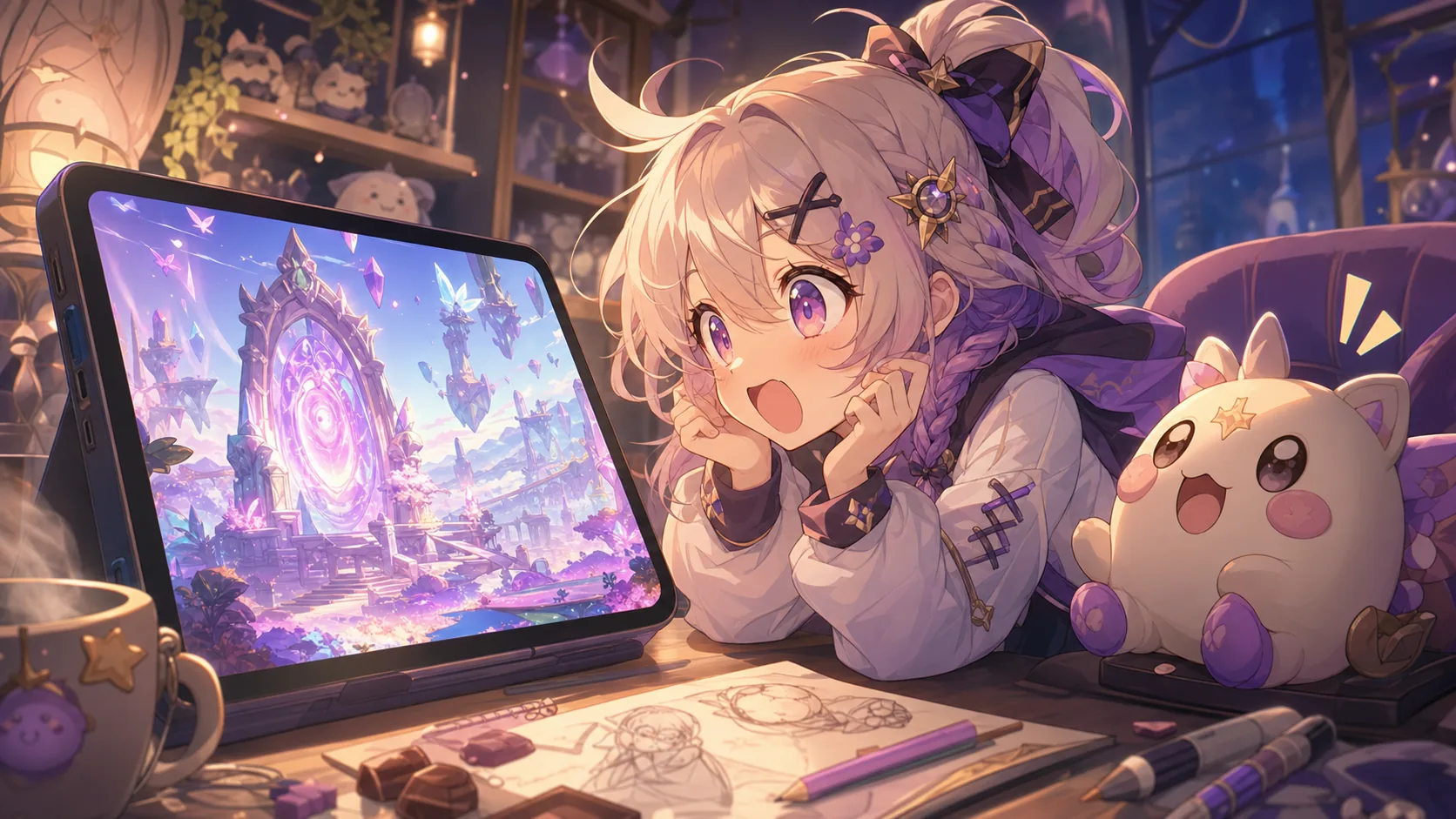 幻想的なゲーム世界を前に驚くかわいいオリジナルキャラクターと小さなマスコットのイメージ