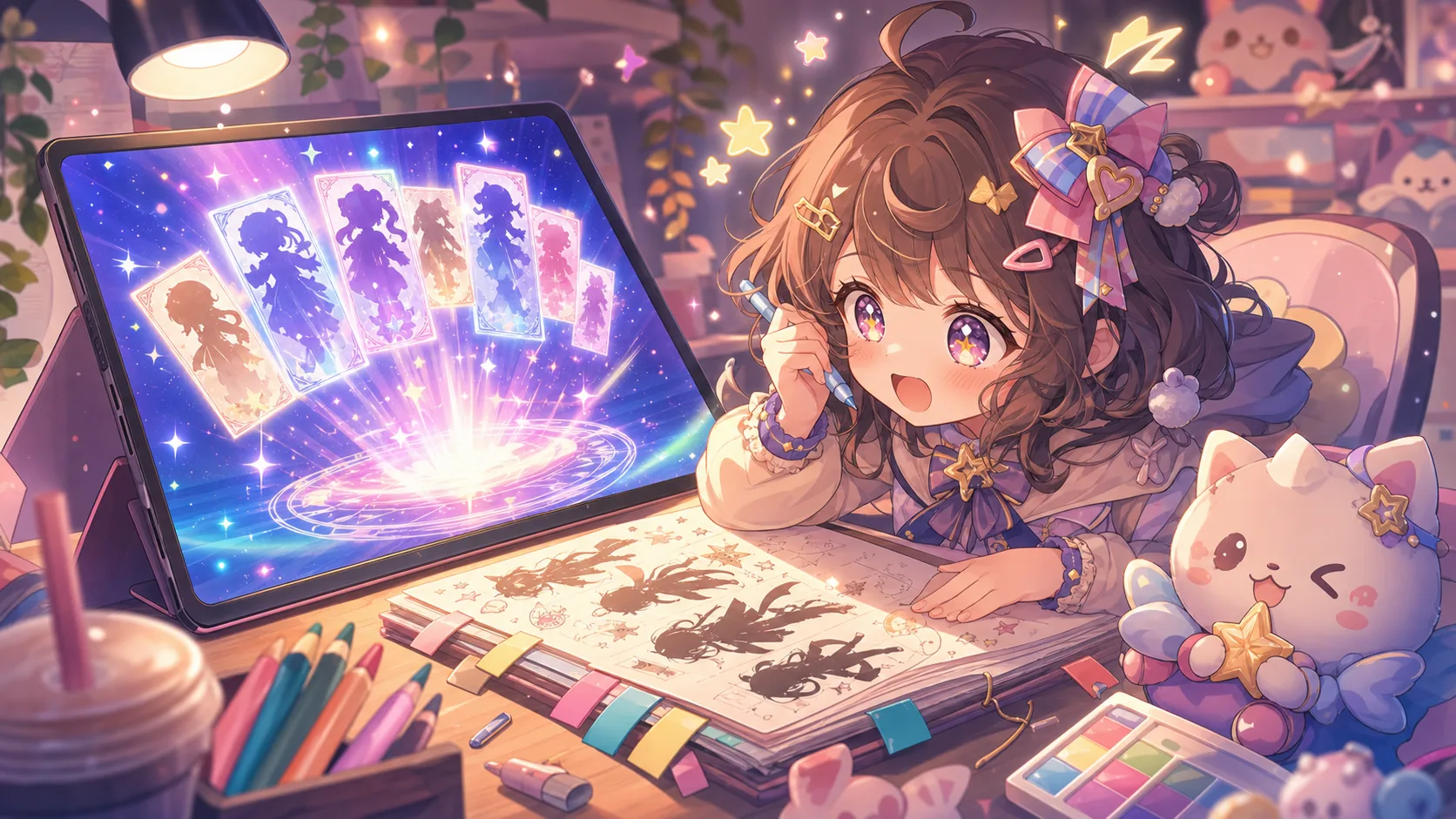 パステルカラーの召喚演出を眺めながらキャラクターメモを取るオリジナルキャラクターのイメージ
