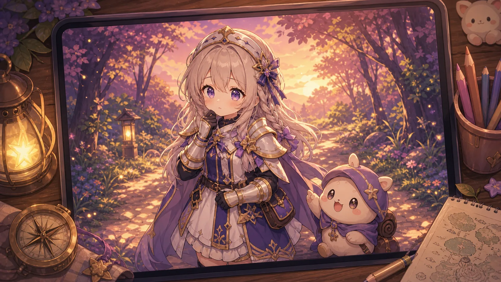 森の小道で方向を間違えたかわいい騎士風オリジナルキャラクターを見守るイメージ