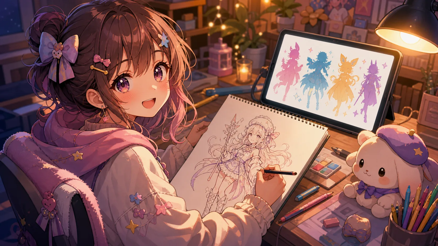配信机でキャラクタースケッチを描きながら楽しそうに筆を動かすオリジナルキャラクターのイメージ