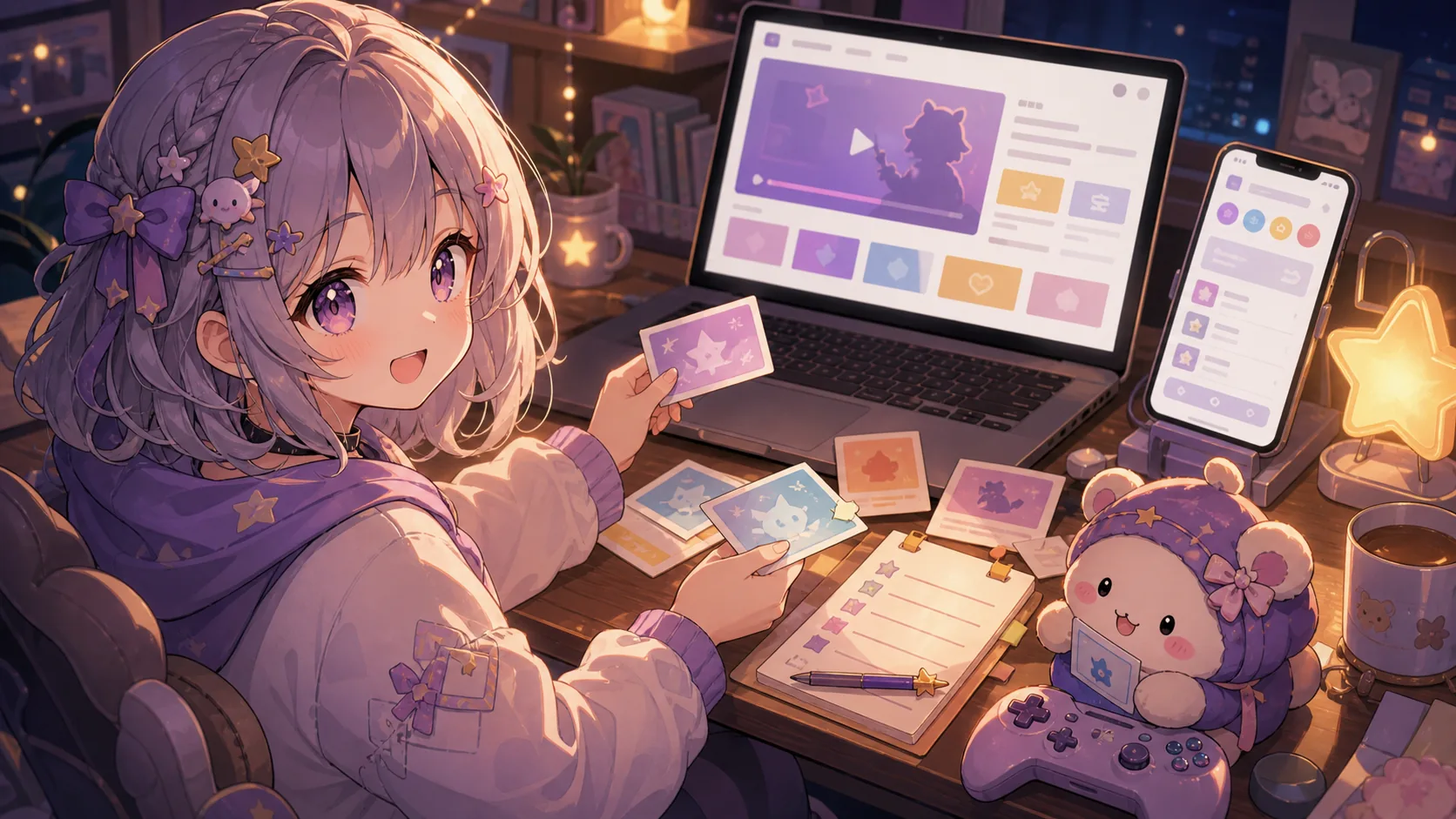 公式サイトや動画リンクを見比べながら次に遊ぶ準備をするかわいいオリジナルキャラクターのイメージ