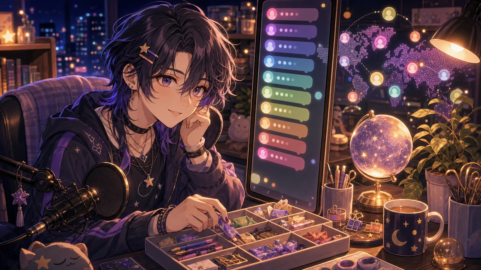 海外コメントを読みながら配信机で小物を整理する中性的なオリジナルキャラクターのイメージ