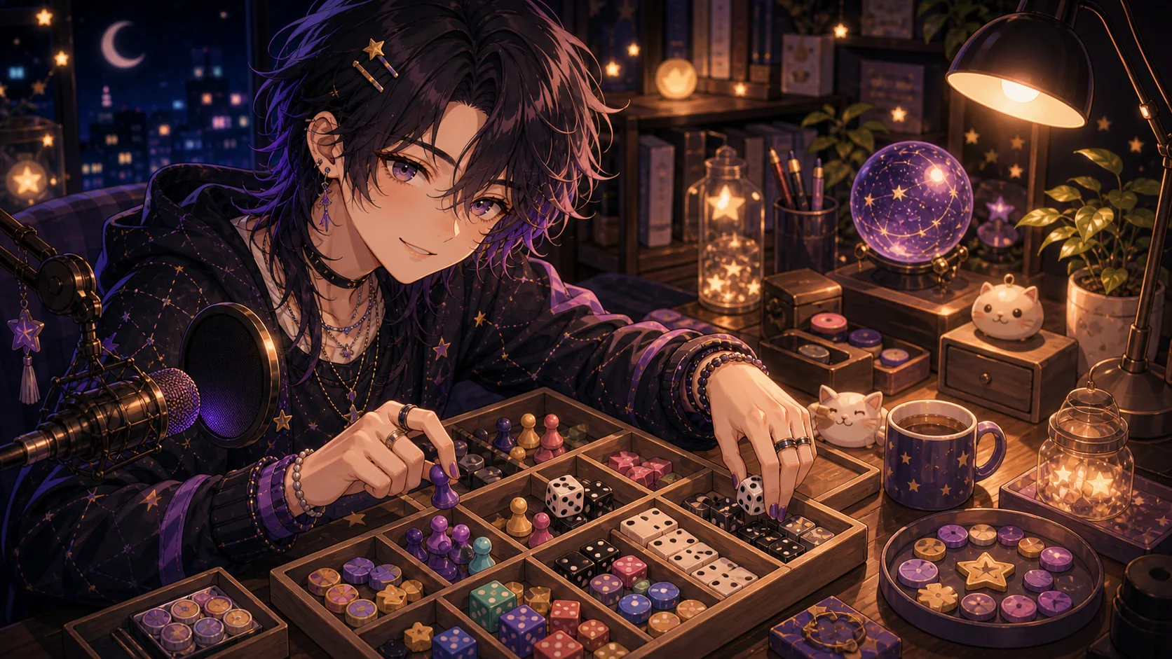 小さな猫の小物とボードゲームの駒を片付けながら予定表を確認する中性的なオリジナルキャラクターのイメージ