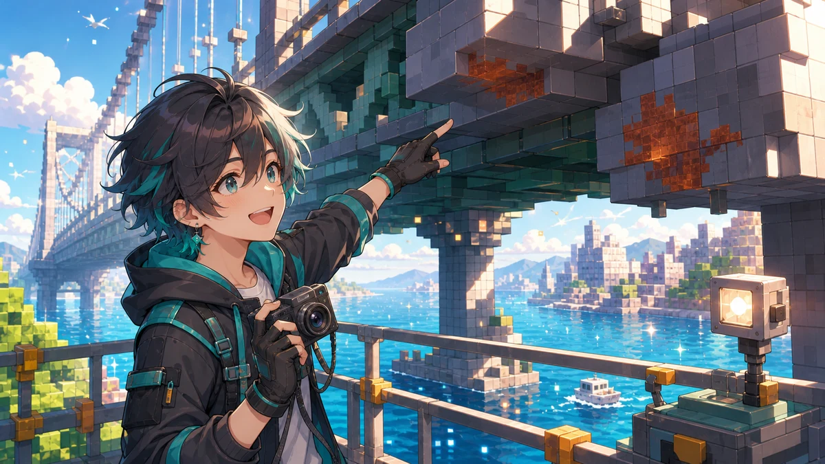 橋の下を移動する点検足場でカメラを構える中性的なオリジナルキャラクターのイメージ