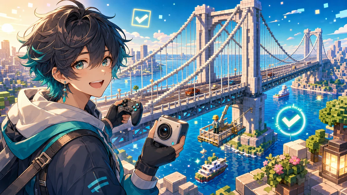 解 -Kai-、Minecraftで明石海峡大橋の点検作業へ 橋を守る仕事をゲームでたどった体験回 のV-BUZZ独自アイキャッチ