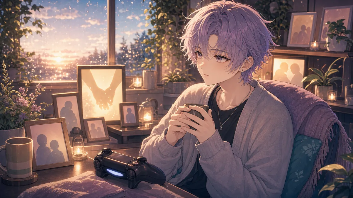 雨上がりの窓辺で思い出の写真と手元のメモを見つめる中性的なオリジナルキャラクターのイメージ