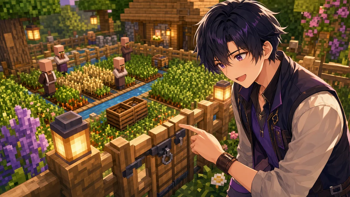 木の柵に囲まれた畑と水路を前に、作業メモを持つ男性キャラクターのイメージ