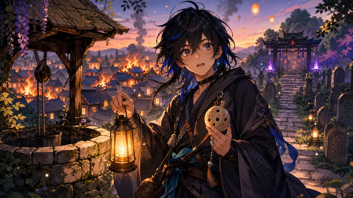 燃える村の遠景と古い井戸の前で驚く中性的なオリジナルキャラクターのイメージ