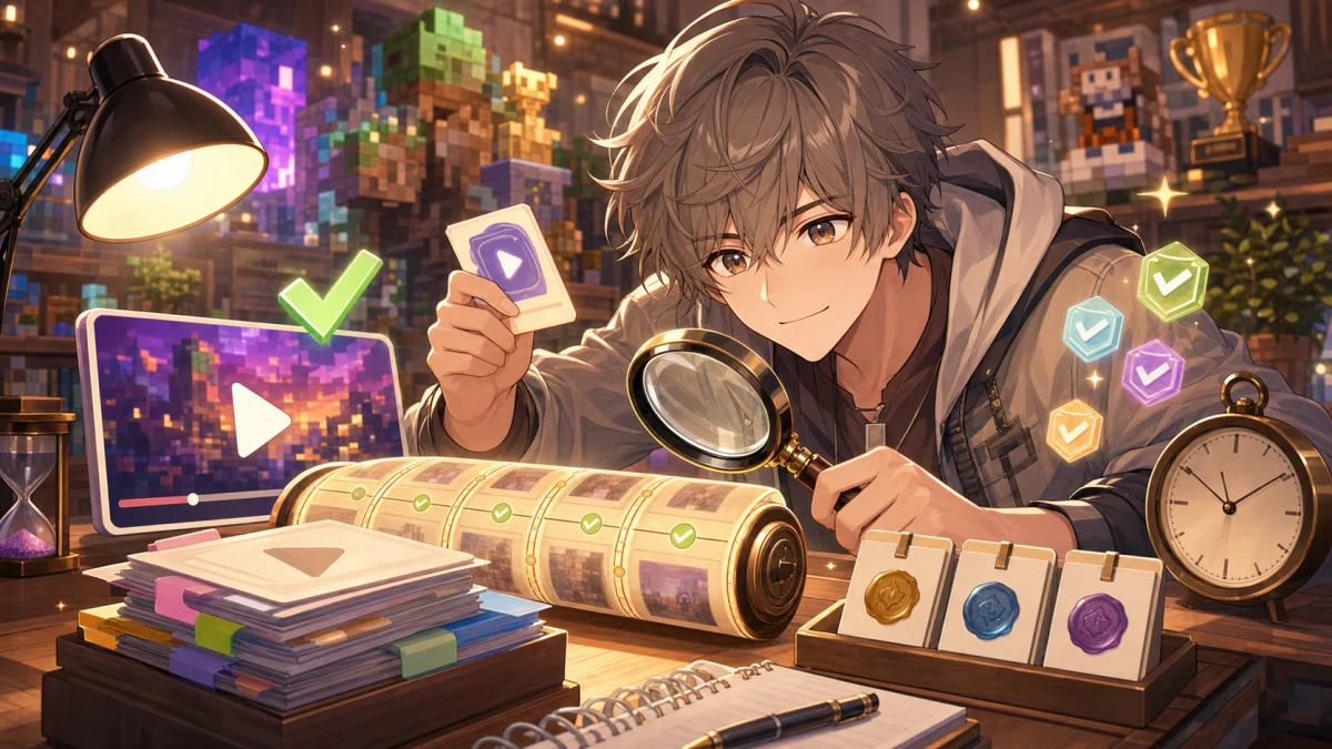 動画カードや長尺タイムラインを虫眼鏡で照合する配信机のオリジナル男性キャラクターのイメージ