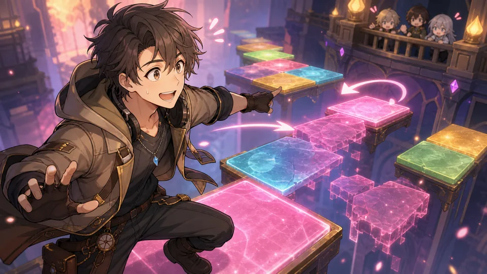 8層ギミックの色床と消える橋に驚くオリジナル男性キャラクターのイメージ
