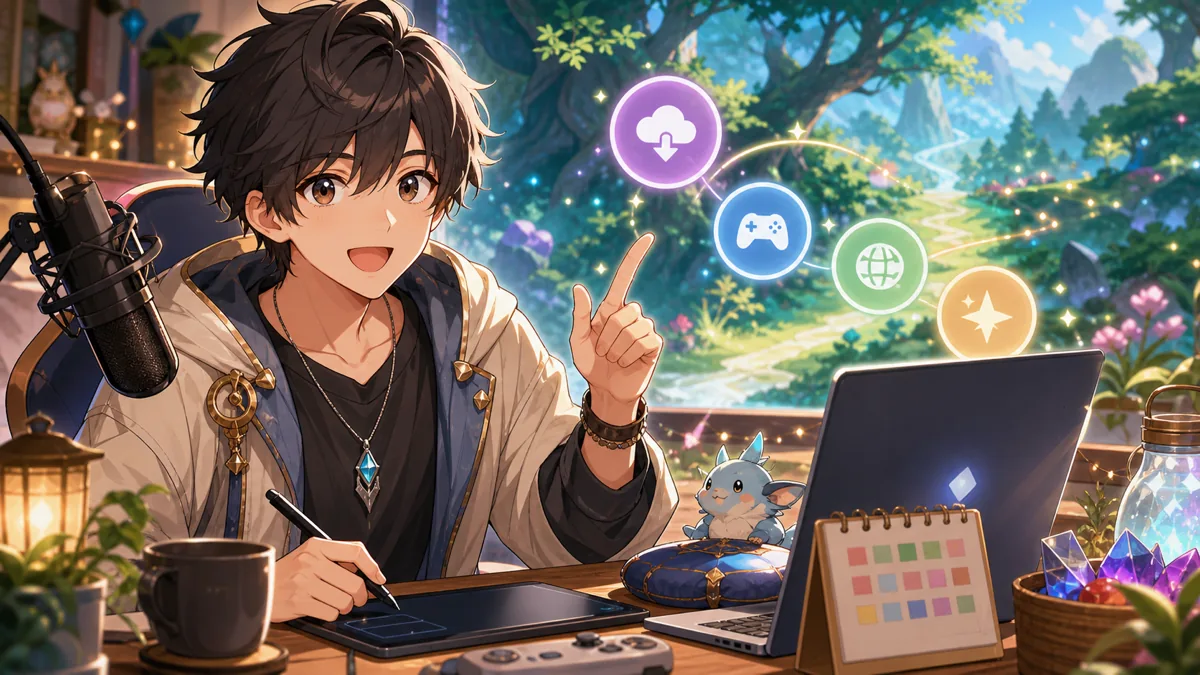 明るい森の配信机でゲーム紹介と公式リンクを確認するオリジナル男性キャラクターのイメージ