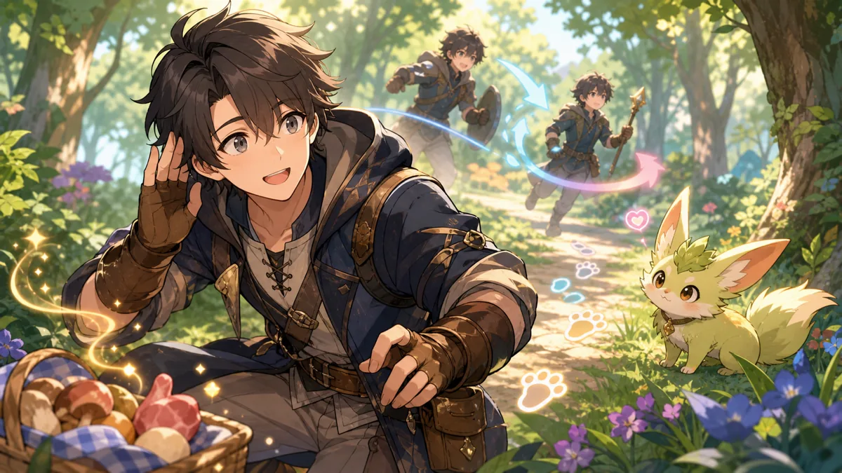 ファンタジーの森で相棒探しに踏み出すオリジナル男性キャラクターのイメージ