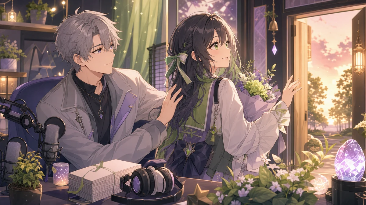 夕方の配信スタジオで片付けられた台本と光るモニター、花束を見つめるオリジナル男性キャラクターのイメージ