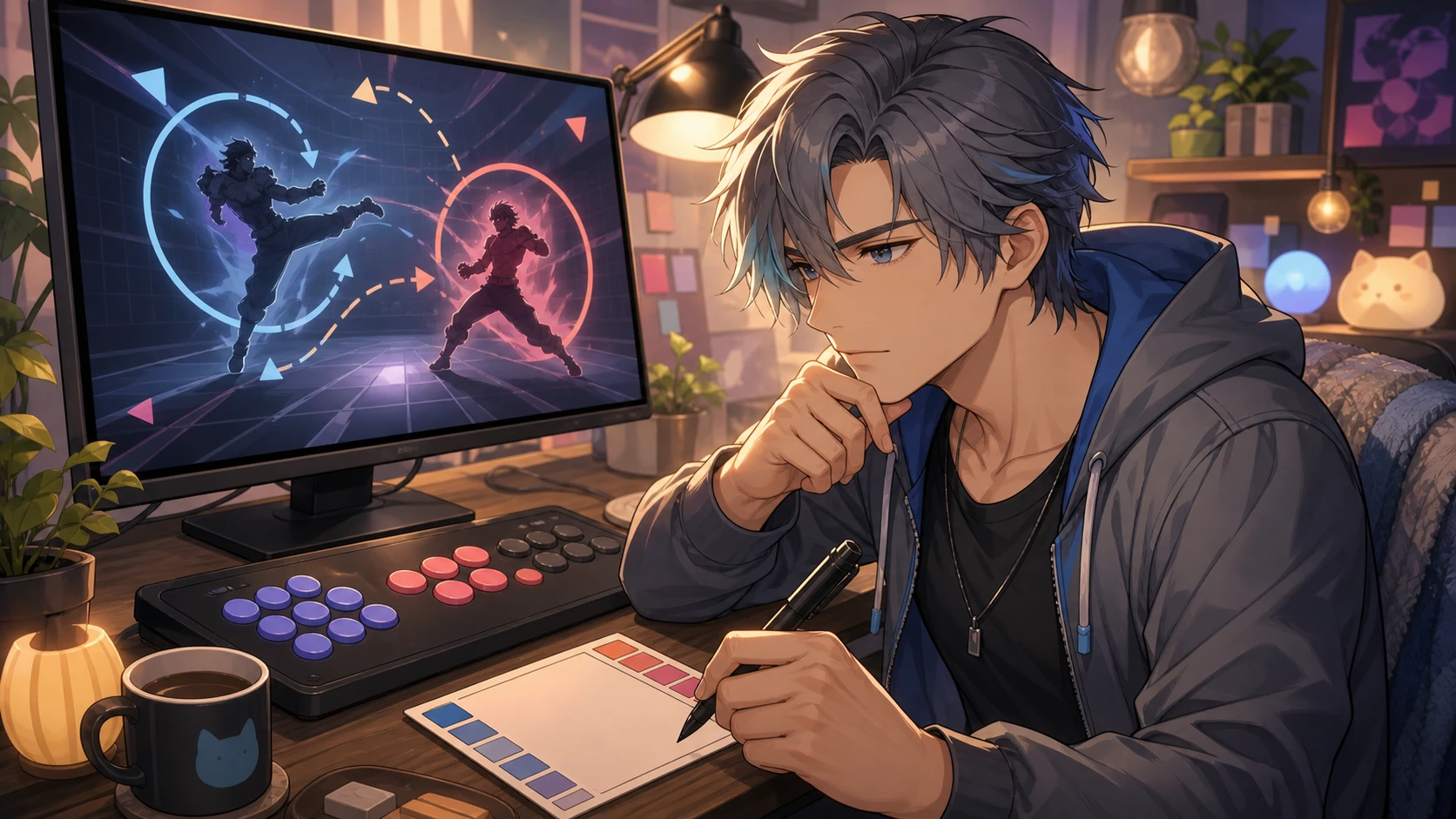 明るい配信部屋で対戦リプレイを見返す男性キャラクターと光るゲーム画面のイメージ