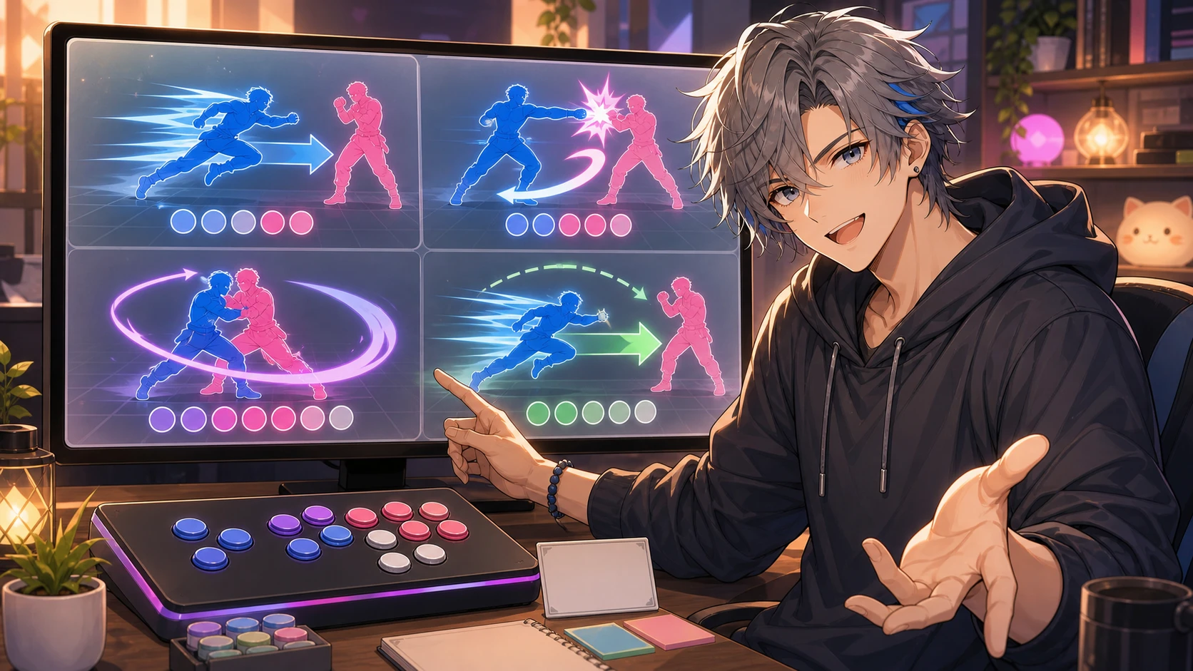 抽象的な格闘ゲーム画面の前で前へ踏み込む男性キャラクターと光の軌跡のイメージ