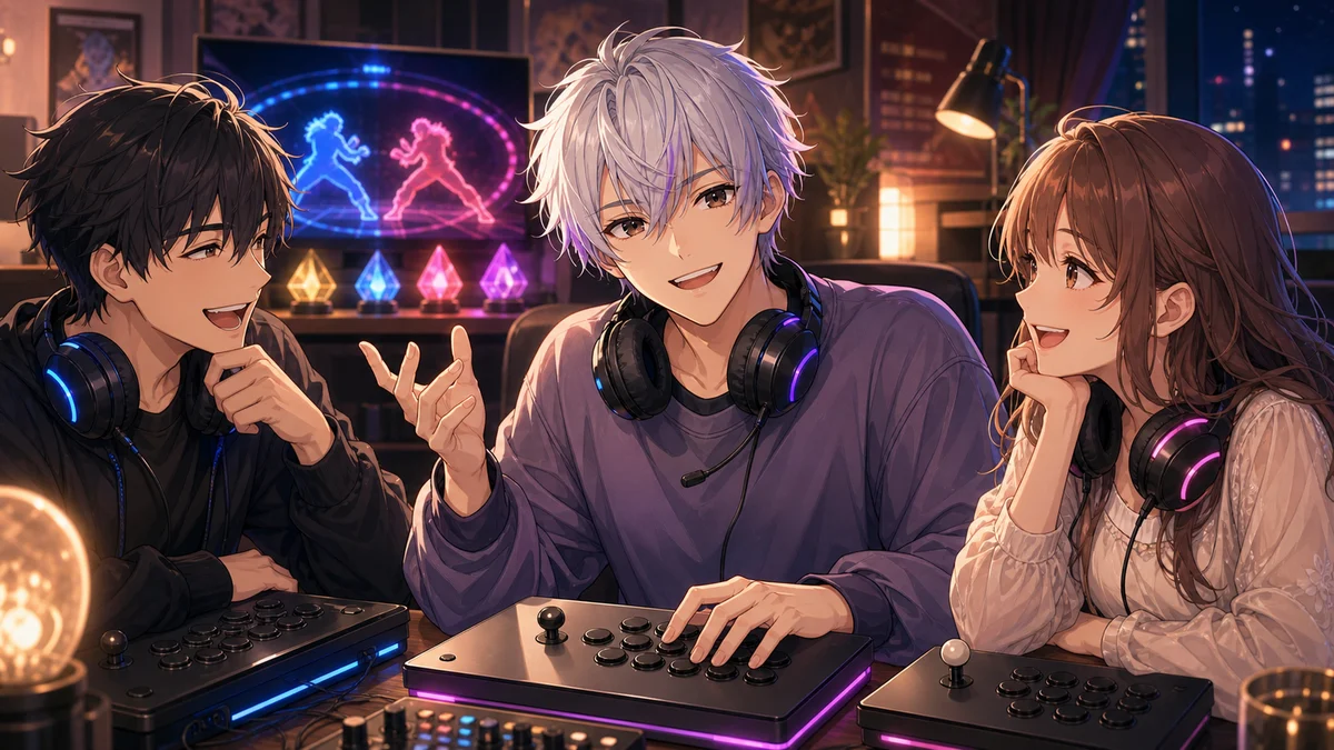 カスタムルームで三人のプレイヤーが集まり笑い合うオリジナルキャラクターのイメージ